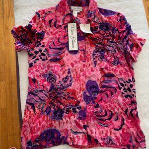 Diane Guilman NWT woman's floral silk sequins short sleeve blouse Size L
